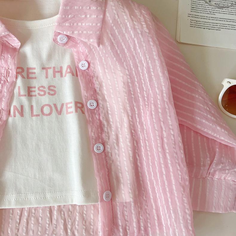 2025 Sommar Vertikalrandig Solskydd Flickors Tredelad Kostym: Långärmad topp, Shorts