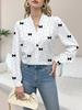 Elegant Polka Dot Bow Print V-Neck Long Sleeve Women's Shirt