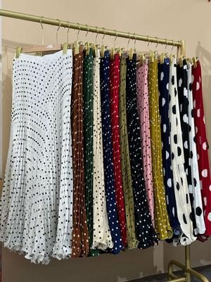 Multicolor Korean Style Chiffon High Waist Pleated Polka Dot Midi Skirt