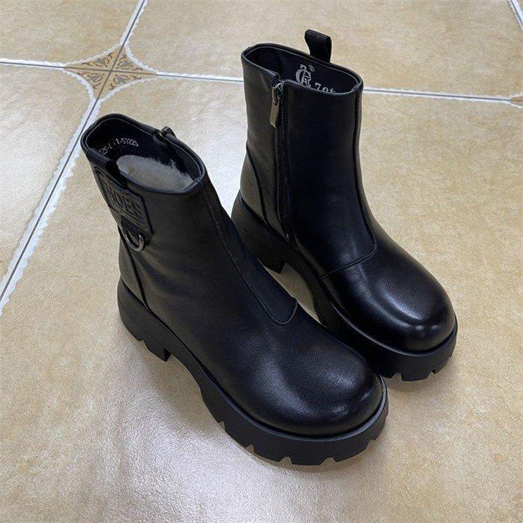 Coarse heel soft leather short boots women's British style retro round head Martin boots thick-soled knight thin boots