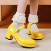 Fashion Elegant Medium Heels Lolita Mary Janes Shoes Women Straps Girls Fashion Red Yellow Heeled Pumps Party Dance Wedding Shoes Ladies