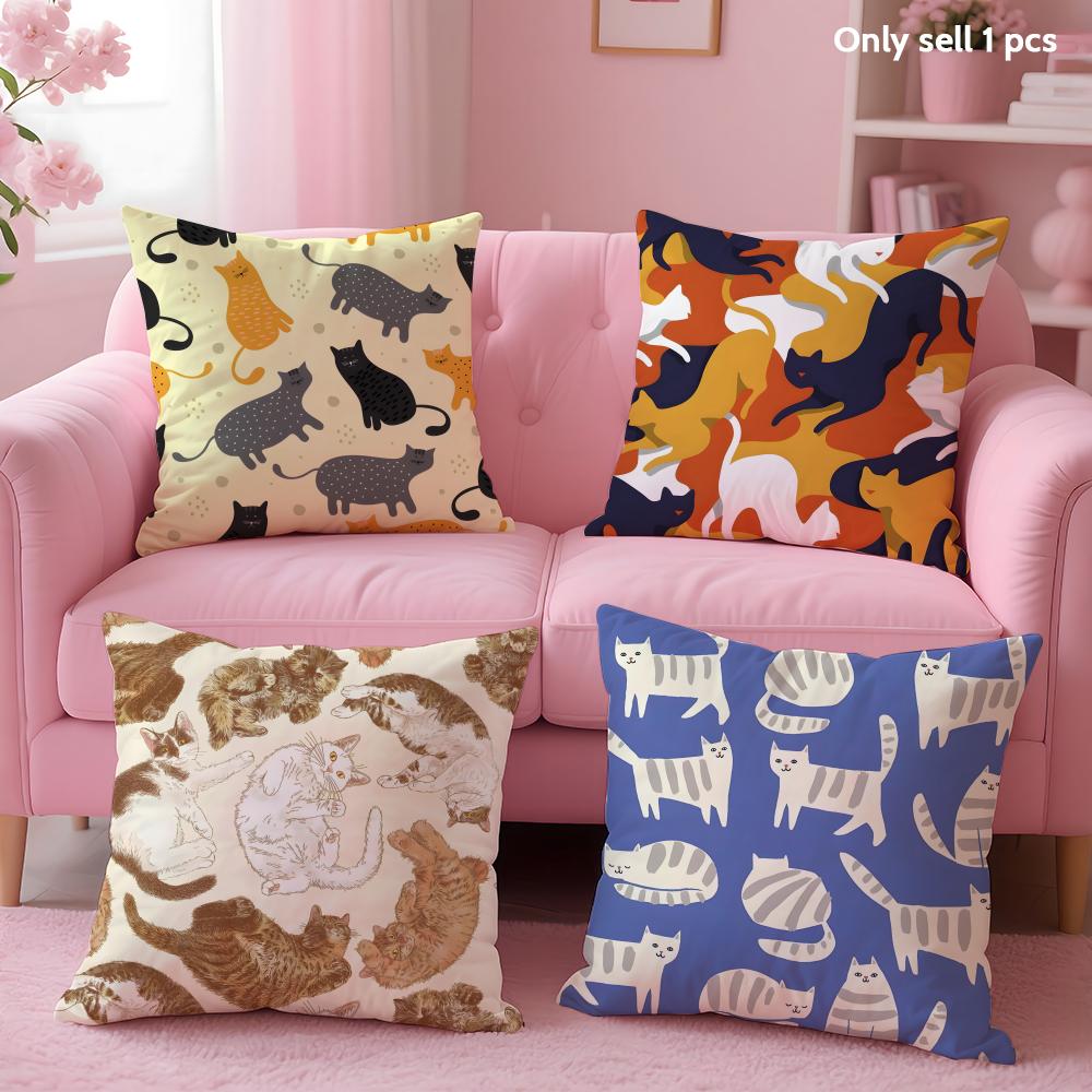 Cute Cat Cushion Cover Soft Short Plush Double-Sided Printing Home Decor Machine Washable Pillow Case Gift