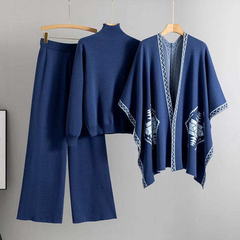 

Women s Knit Jacquard Shawl, Round Neck Top, and Wide Leg Pants Three-Piece Set for Autumn/Winter One Size синій