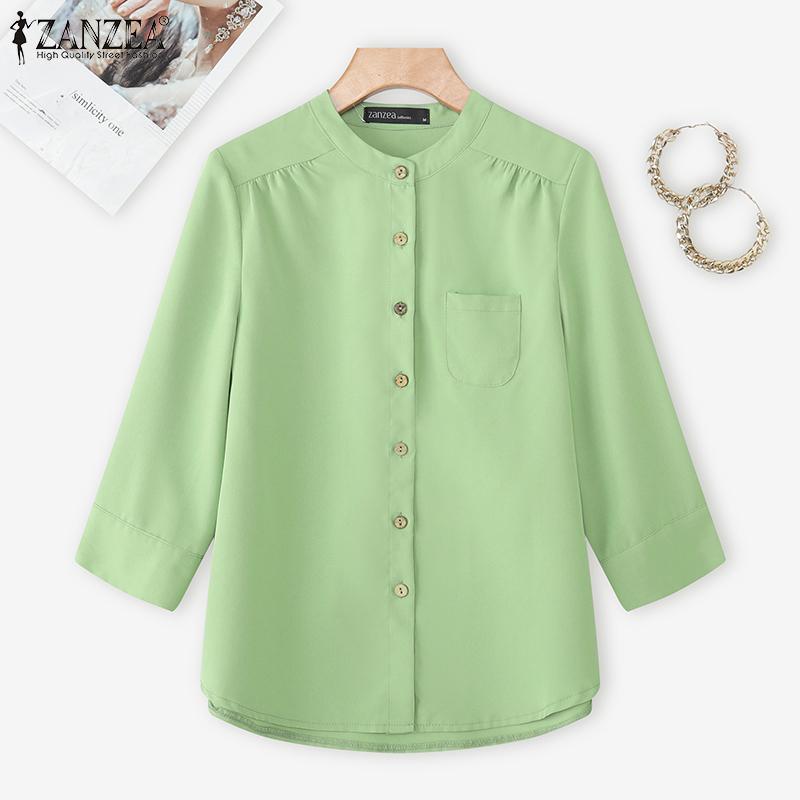 ZANZEA Women Casual Round Neck Solid Color Loose 3/4 Sleeve Blouse