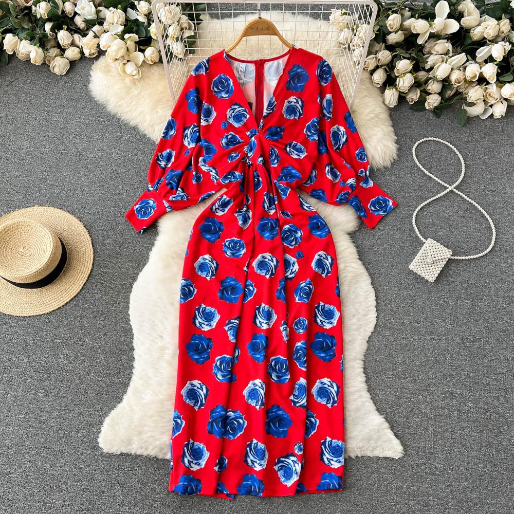 

Новое осеннее женское платье в европейском и американском стиле с v-образным вырезом и рукавами-клеткой на талии и тонким цветочным принтом