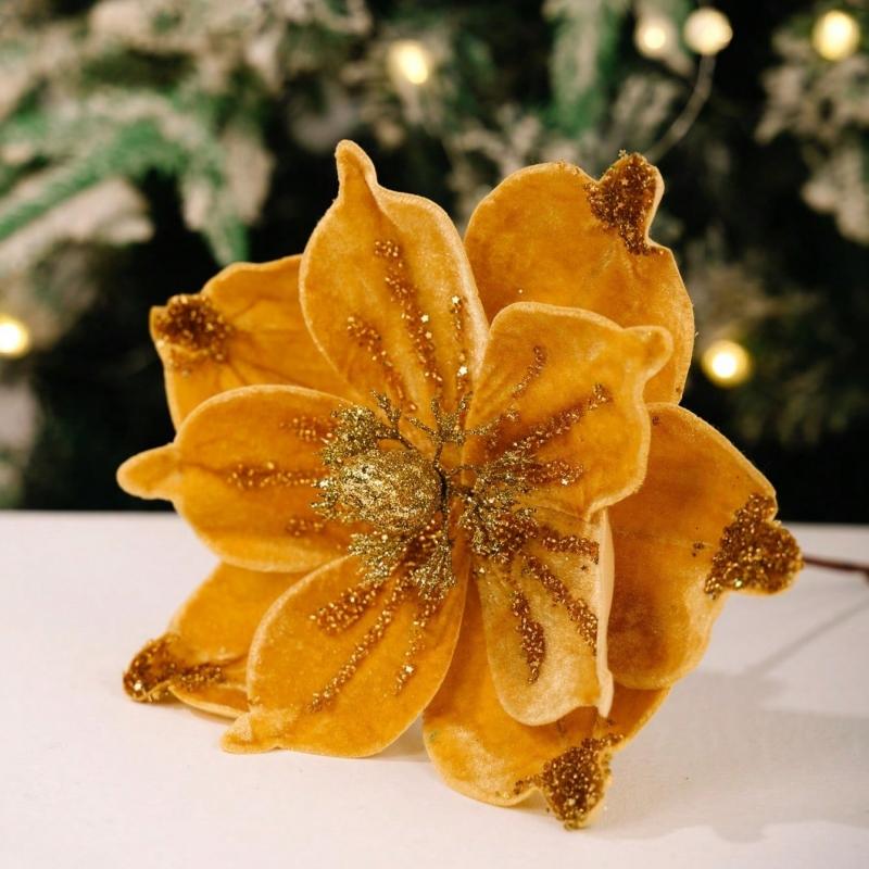 

1PC Christmas Home Hotel Holiday Wedding Decoration Supplies Flocked Single Artificial Flowers Gold Powder Christmas Flowers