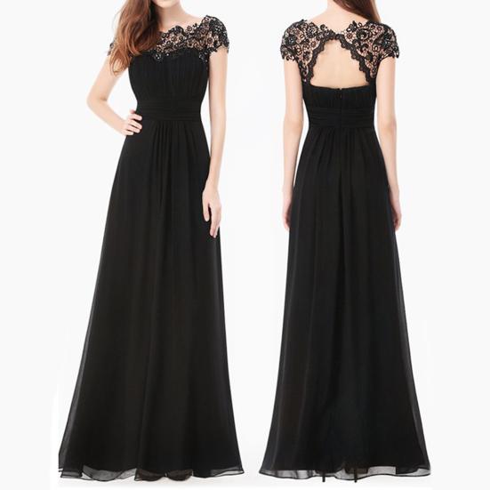 Women's Lace Bridesmaid Dress Cap Sleeve Ruched Round Neck Chiffon Formal Evening Gown A-Line Wedding Guest Maxi Dress for Cocktail Party Prom