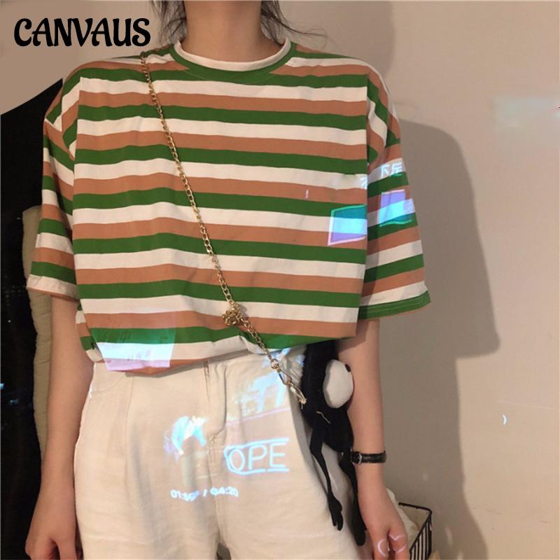 

Летняя корейская версия подруг носит полосатую футболку с короткими рукавами, свободный топ, футболка для школьницы