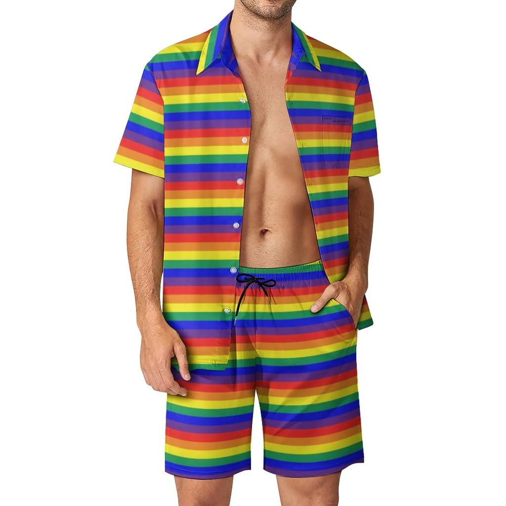 Conjuntos de Camisetas Arcoíris Impresión 3D para Hombre Moda Casual Manga Corta Camisas Pantalones Cortos Oversize Ropa de Calle Hawaiana Trajes Ropa