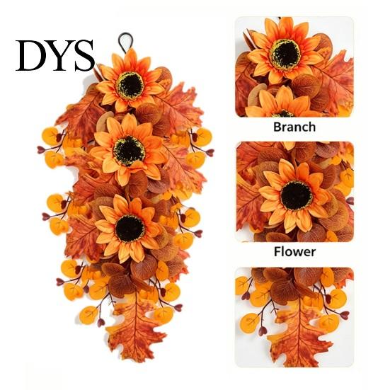 Decorative Sunflower Berries Garland Fall Maple Leaf And Teardrop Swag for Farmhouse Front Door Decor, 50x37cm Realistic Foliage Wreath Artificial