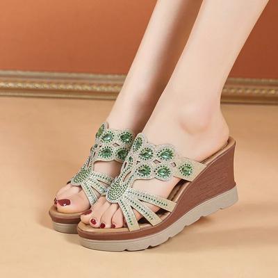 2024 Summer Women's Slippers, Fashionable High-heeled Women's Slippers, Casual Large Size Rhinestone Decorated Women's Slippers