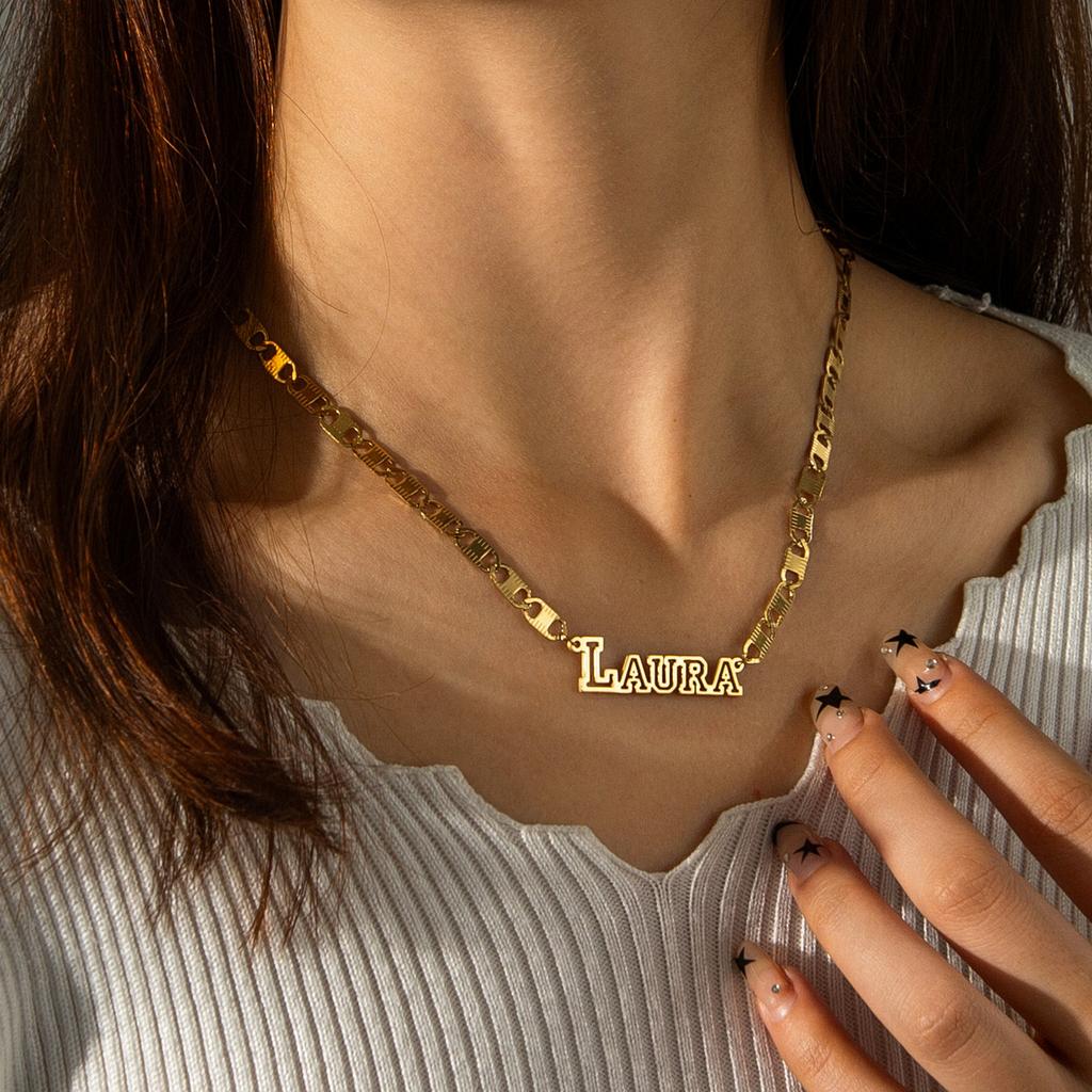 Atoztide Personalized Custom Name Necklace Bracelet Jewelry Set Figaro Chain Pendant Stainless Steel For Women Birthday Gift