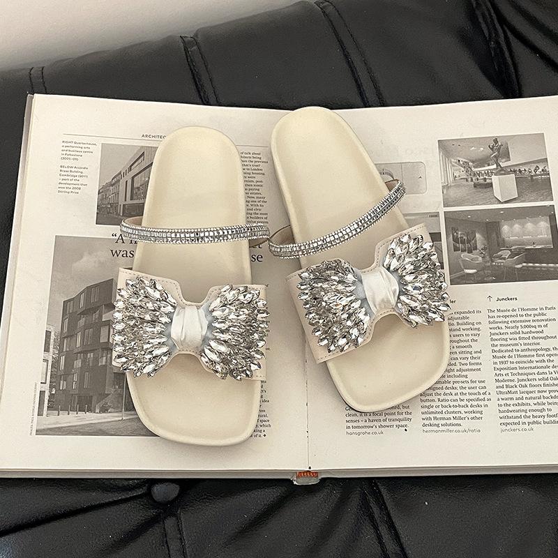 

Юбка со стразами, бант, шлепанцы, женская верхняя одежда, лето, новые повседневные универсальные сандалии 40 бежевый