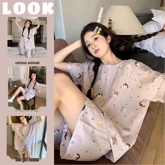 

Women s Korean Style Pajama Set - Short-Sleeved Top, Shorts & Cardigan - Imitation Cotton Lapel Size XL-2XL