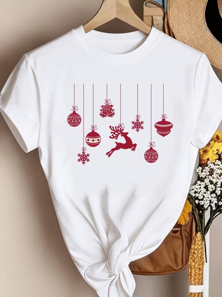 (Asian Size) Trend Lovely New Year Clothing T Shirt Women Fashion Christmas Festival Tee Top Print Female Woman Short Sleeve Graphic T-shirts