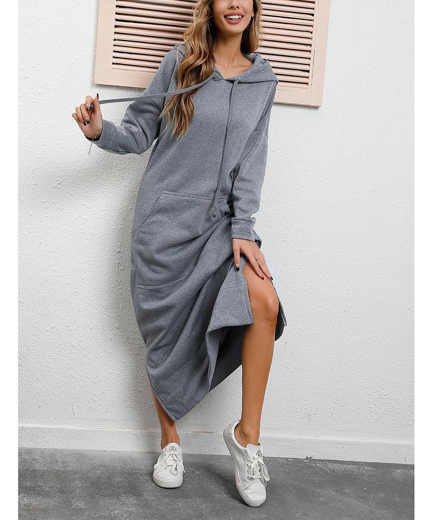 Herbst und Winter neue lockere Strick-Kapuzen-Langkleid Fleece-Pullover Freizeit-Modekleid große Tasche Rock