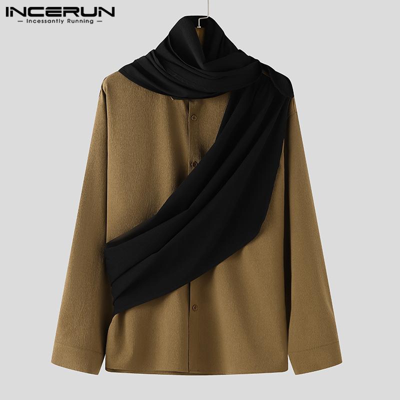INCERUN Men Cowl Neck Long Sleeve Front Cross Shirts Casual Patchwork Tops