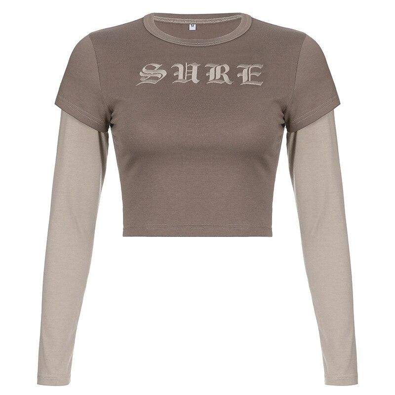 

Новинка 2022 года, весна-осень, нижняя рубашка с длинными рукавами, модная короткая футболка в стиле Харадзюку, женские топы с круглым вырезом, крутые буквы L коричневый