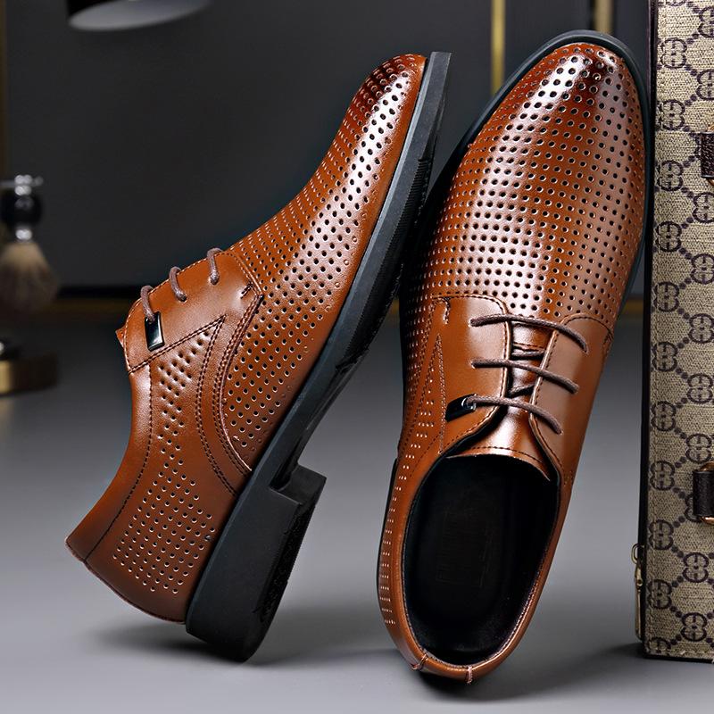 Fashion Summer New Business Breathable Hollow Leather Shoes Men's British Large Size Sandals Korean Casual Fashion Dress Shoes Male