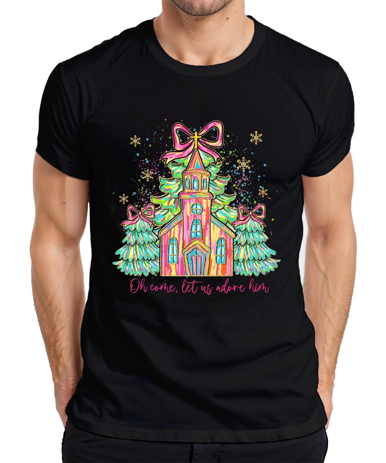 Oh Come Let Us Adore Him Kirche Tannenbaum Schleife Weihnachten Herren T-Shirt XXL