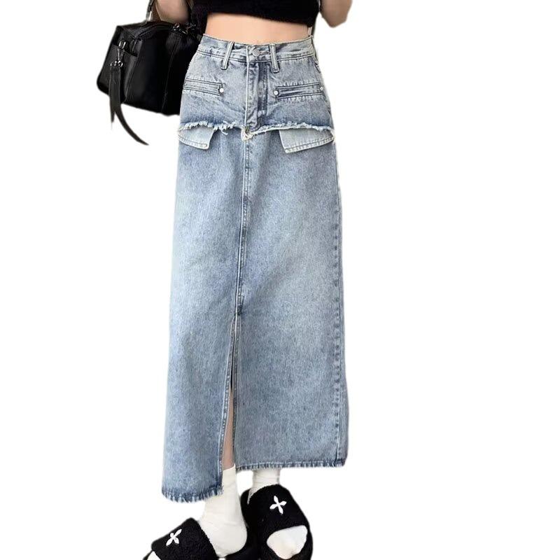 Gonna di Jeans A-line Taglie Forti Petite Vita Alta con Frange - Autunno 2025 Lunghezza Media