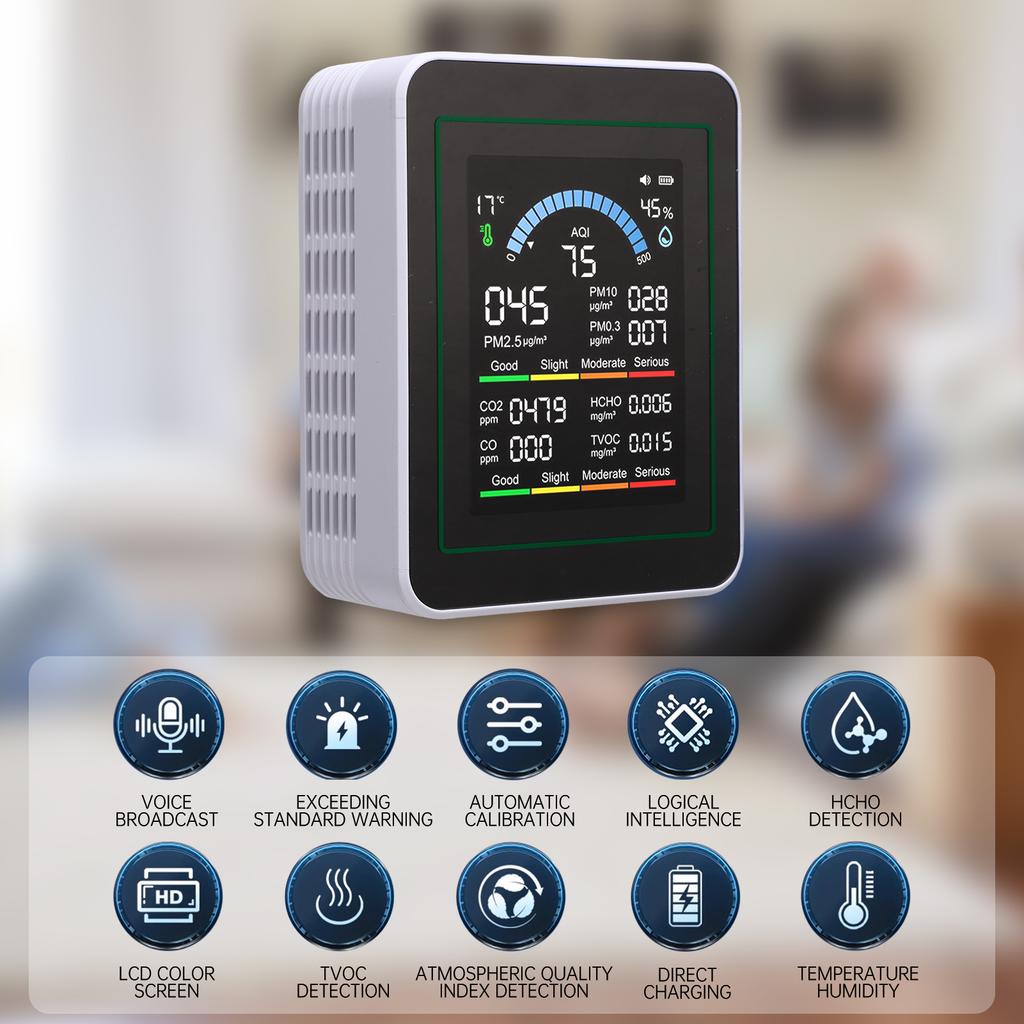 10 In 1 HCHO Meter, Portable Temperature and Humidity Meter with Color Screen for Home, Office, Vehicle, Detect PM0.3