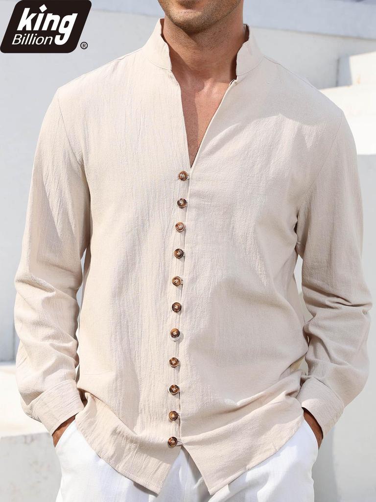 Men's Linen Cotton Blend Long Sleeve Shirt - Stylish Single Breasted Henley Neck Casual Tops for Daily Wear