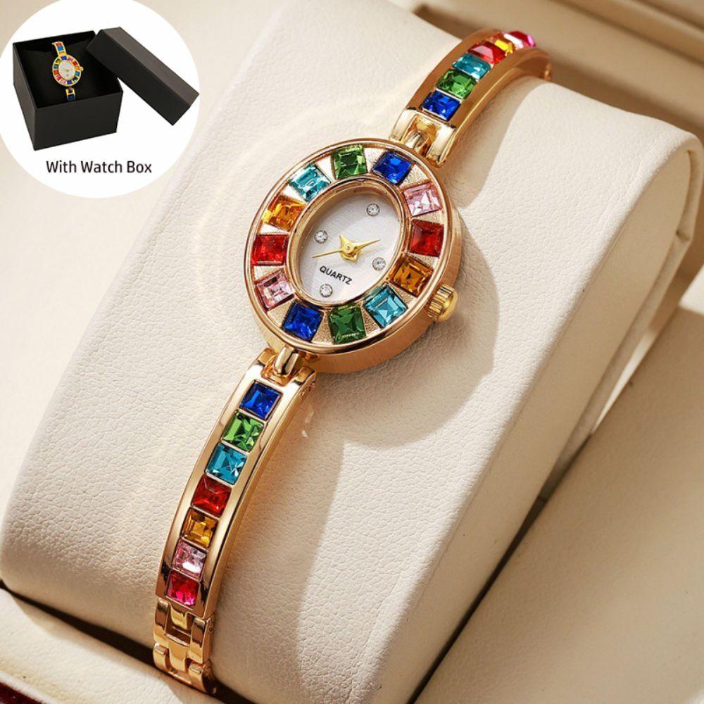 Mode Mit Uhrenbox Damen Quarz Uhr Ovales Zifferblatt Bunte Diamanten Strasssteine Uhr Elegante Uhr Damen Geschenk