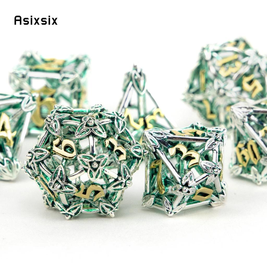 7 Pcs Silver Green Leaf Flower Metal Dice Hollow Metal Polyhedral Dice Set Suitable For Role-Playing Dice PropBoard Game Gift