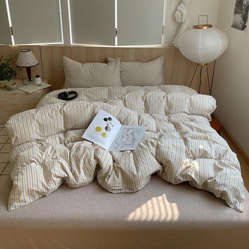 Ins Nordic Bedding Set Striped Pure Cotton Duvet Cover Set Skin-Friendly Single Twin Full Queen Size Flat & Fitted Sheets Set