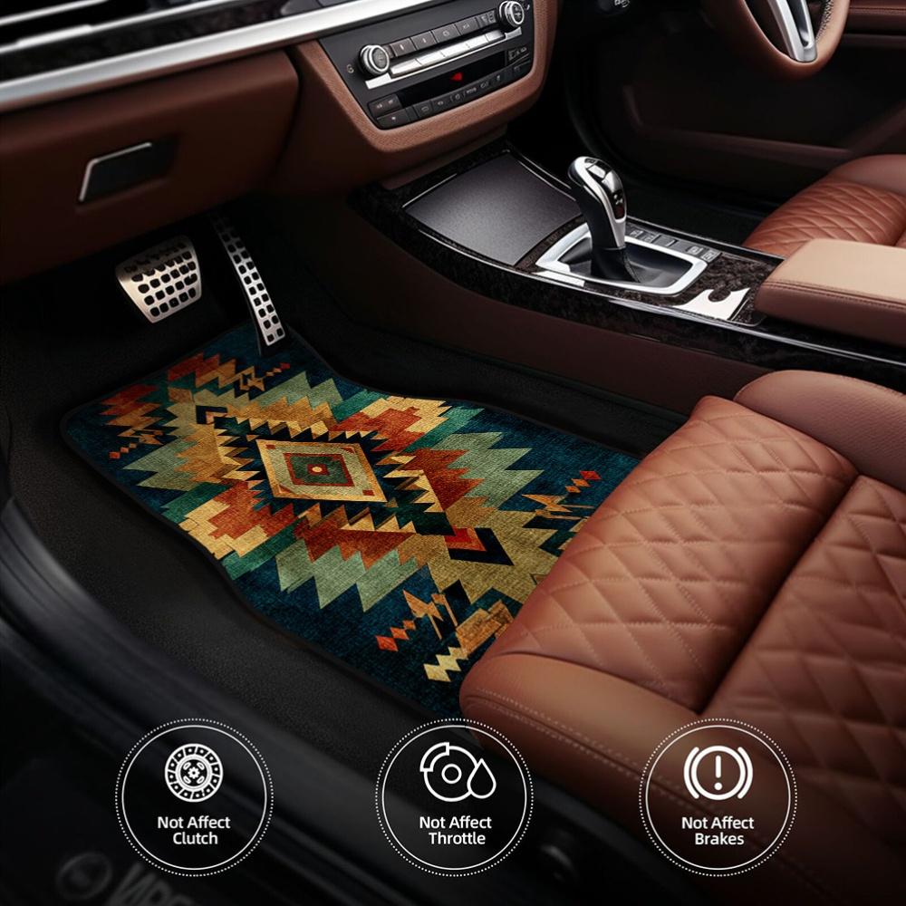 Set Of 4 Car Floor Mats Featuring A Classic Tribal Geometric Design, Designed For Pickup Trucks Or Crossovers, Offering Easy-To-