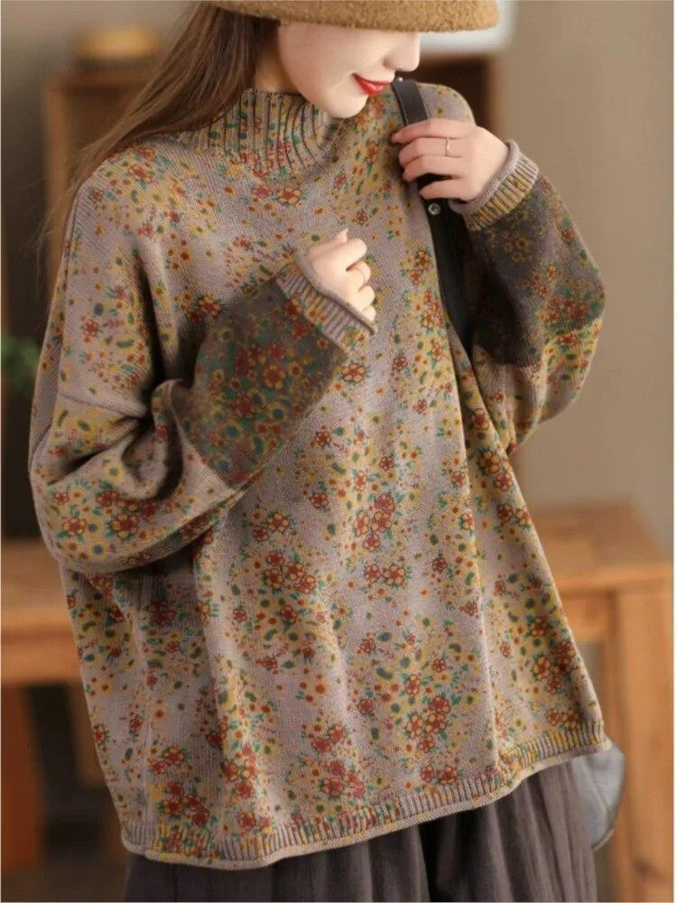 

Женский пуловер с цветочным лоскутным принтом, с воротником-стойкой, с длинным рукавом, весенний вязаный хлопковый топ Johnature Fashion One Size хаки