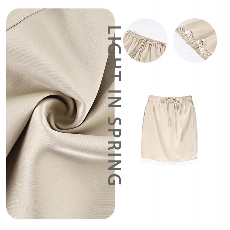 Summer New Lace Trim Tie-Back Satin Skirt Drawstring Mini Skirts For Woman Casual Women Clothing