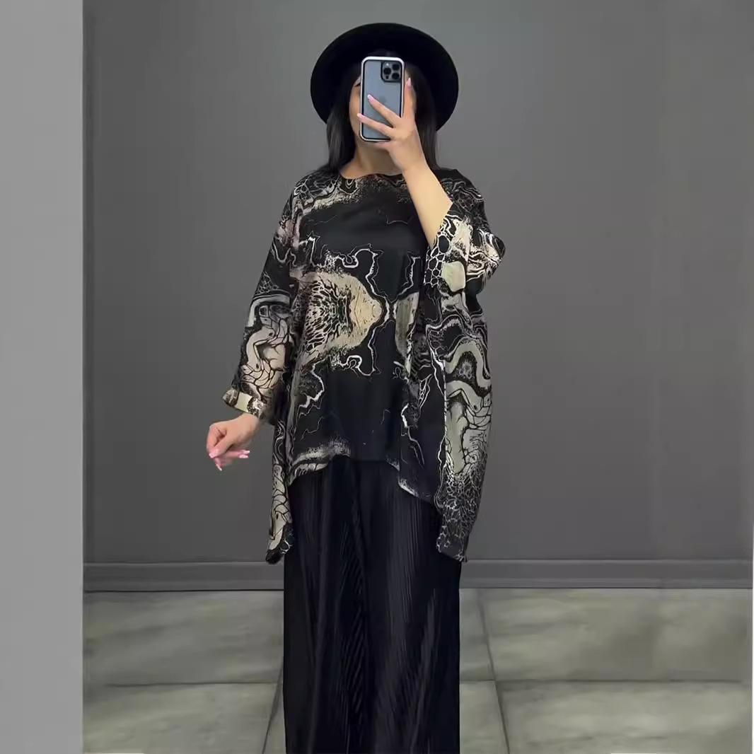 

2026 European Summer Stylish Printed Long Sleeve Top & Pleated Wide-Leg Trousers Two-Piece Set for Women M чёрный
