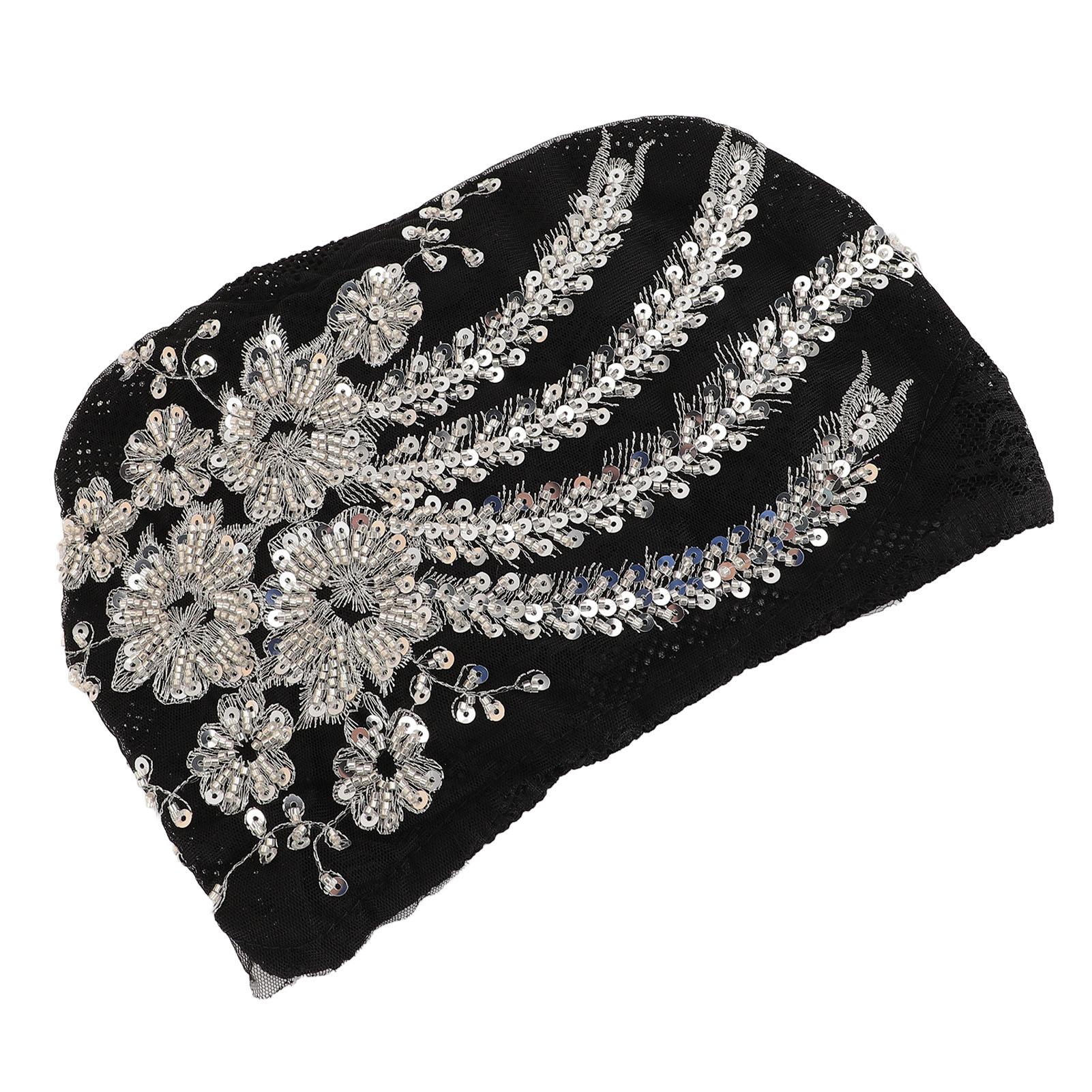 

Шляпа из цветочного кружева Женская повязка на голову Шапка Мусульманский головной убор Химиотерапия Черный Серебристый Цветок