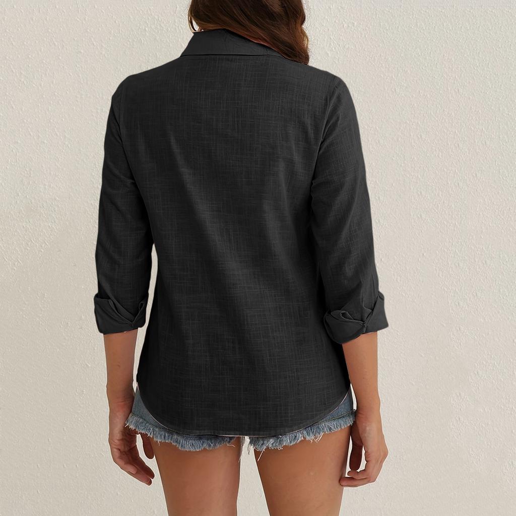 Damenmode Knopfhemdkleid Baumwolle Langarm Faltenfrei Oberteil Arbeit Business Casual Oberteil