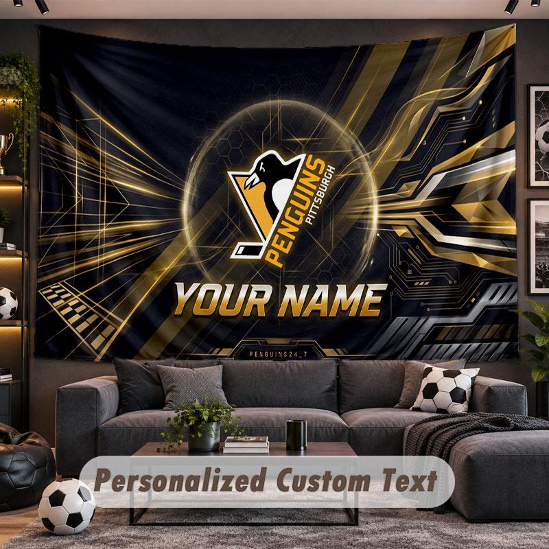 Wall Hanging Tapestry Custom NamePittsburgh Penguins Pattern Personalized Printed Fabric Wall Decor