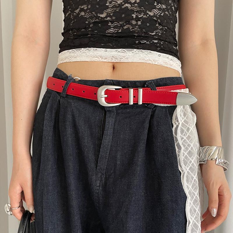 Retro Y2k Red Leather Belt For Women With Alligator Pattern And Gold Buckle