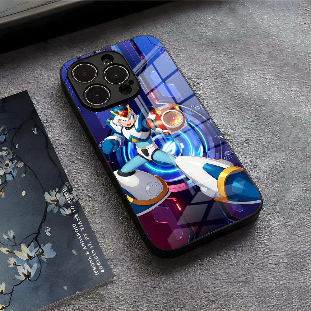 R-Rockman M-Megaman Cool Phone Case For IPhone 17 Air 16 E Pro Max 15 14 13 Mini 12 Pro 11 Max Plus Black Glass Cover