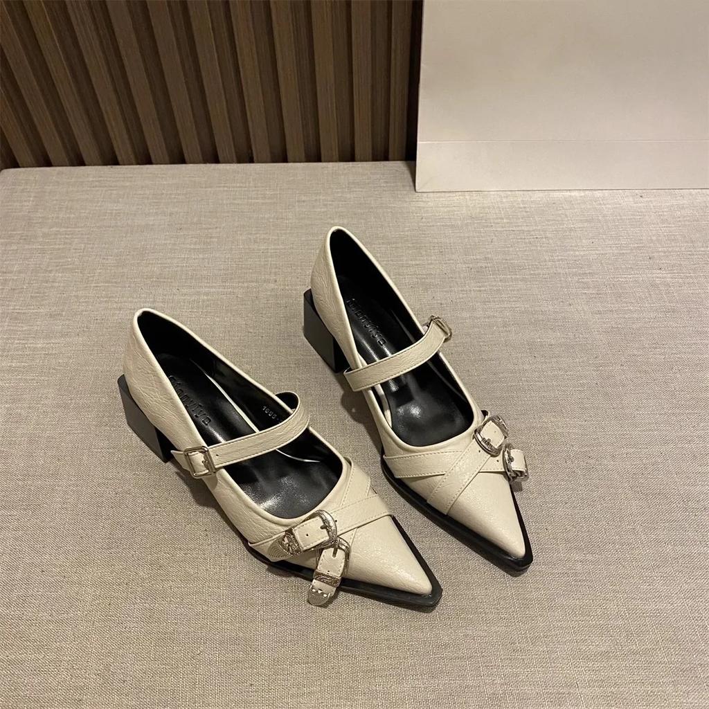 Spring Women's High Heels Sexy French Style Pointed Shoes Metal Decoration Paired Skirts Elegant Banquet Fashion Mary Jane