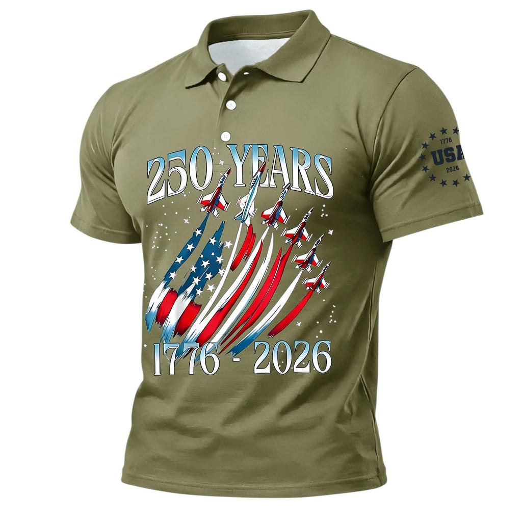 Men's Polo Shirt Short Sleeve 250 Years 1776 2026 Printed USA Flag Aircraft Graphic Casual Top