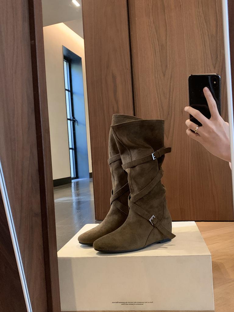 6Cm Inner Height Increase Western Denim Boots Women's 2025 New Korean Round Head Buckle with Soft Folds and Thin Medium Tube