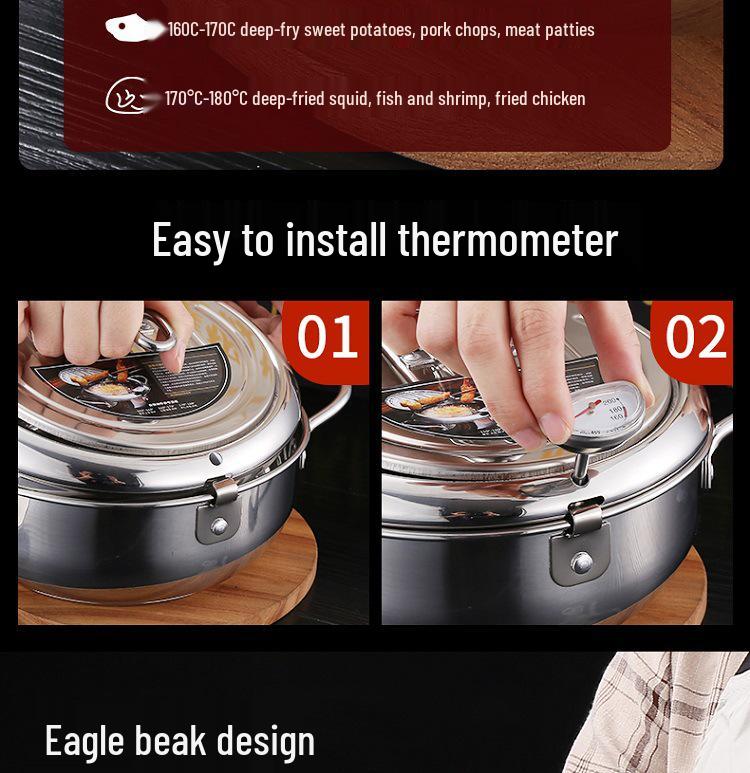 304 Stainless Steel Japanese Tempura Fryer Pot with Thermometer and Oil Rack