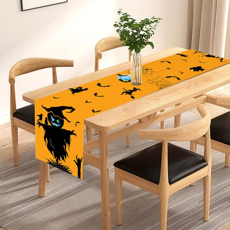 1pc Orenge Halloween Table Runner with Ghost Bats Pattern Waterproof Durable Tablecloth for Halloween Dining Room Decoration