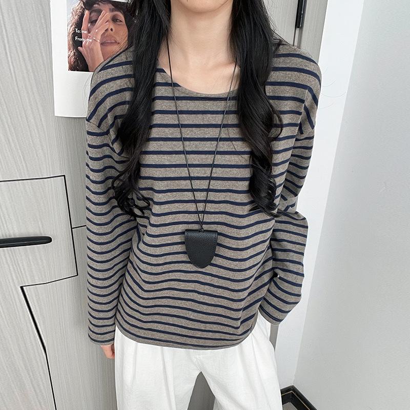 

Полосатая футболка с круглым вырезом, женская новая осенне-зимняя свободная и тонкая мягкая восковая футболка с длинным рукавом, топ XL fits 125-70kg