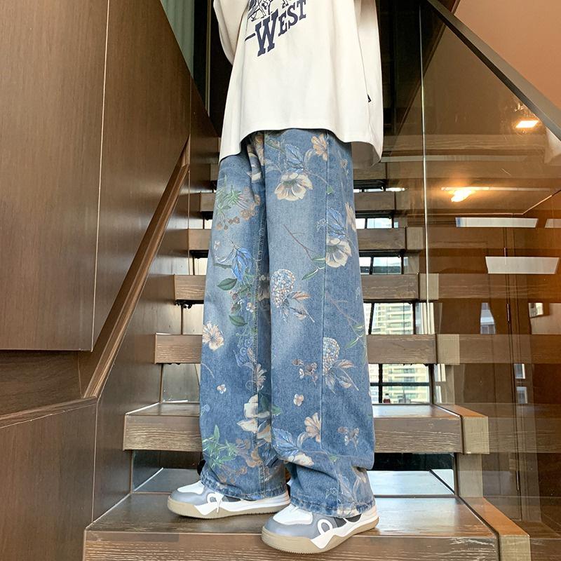 Spring Floral Printed Jeans for Men Vintage Trousers Hip Hop Wide-leg Baggy Jean Pants Floor Length Wide Leg Pants