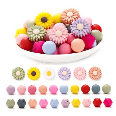 66Pcs New Baby Daisy Silicone Beads Sunflower Teethers Food Grade Teether Bpa-Free for Baby Teething Chew Toys Chain Accessories