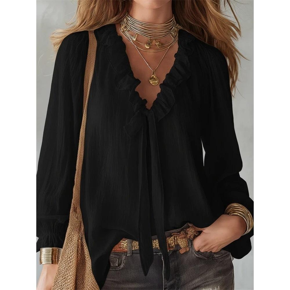 Fashionable Women s V-neck Loose Shirt Tops L чёрный