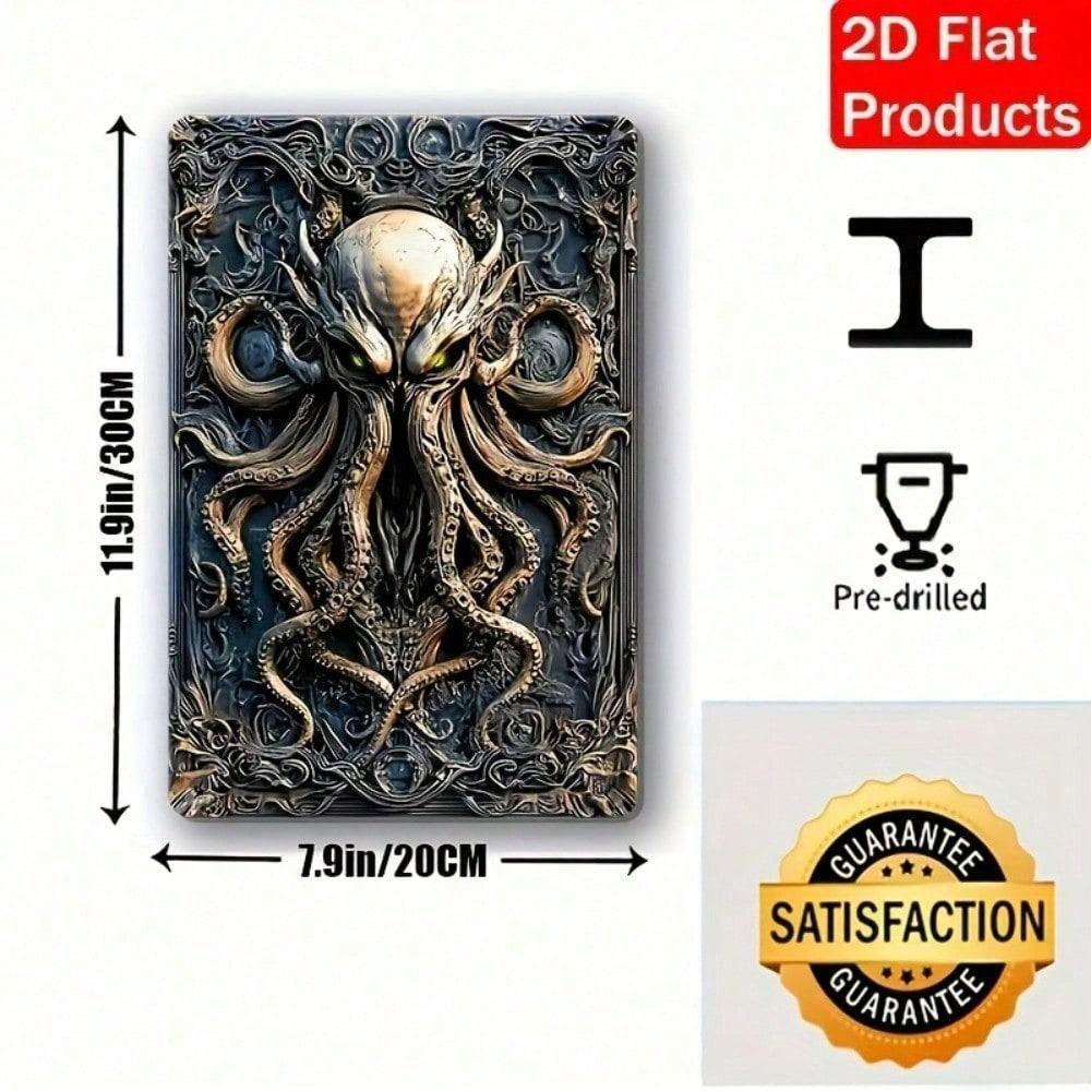 Cthulhu Metal Wall Art - 8x12 Inch Gothic 2D Flat Aluminum Sign with Glowing Green Eyes & Tentacles, Vintage Horror Decor Pre-Dr