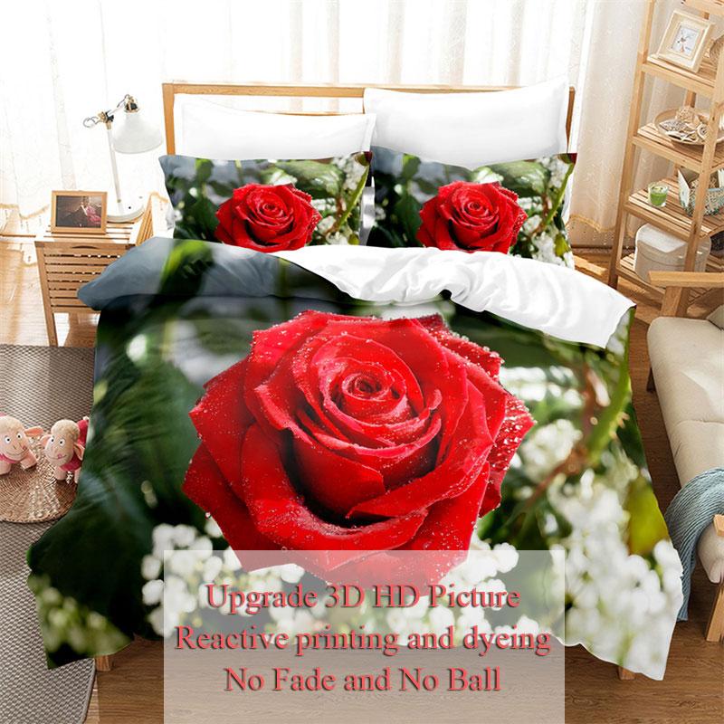 Red Flower Full Size Duvet Covers Rose Quilt Cover 200X230Cm Bedding Set 3Pcs 2Pcs 210X210Cm King Queen Single Double Bed